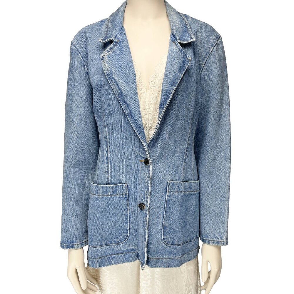 COBRA Vintage 90’s Long Blue Medium Wash Jean Blazer V-Neck Pockets Jacket s M